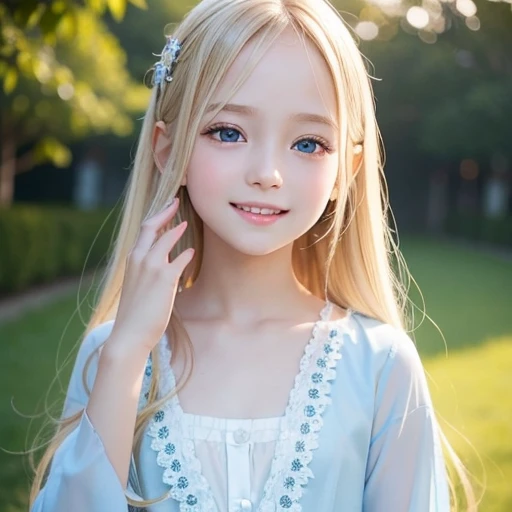 shiny skin、 Very cute and beautiful face、Very shiny and beautiful skin、very beautiful and cute pale blue eyes、beautiful very long shiny silky blonde hair、（）、one small very beautiful cute girl、Beautiful cute bright look、Clear double eyelids、((Very happy smile))