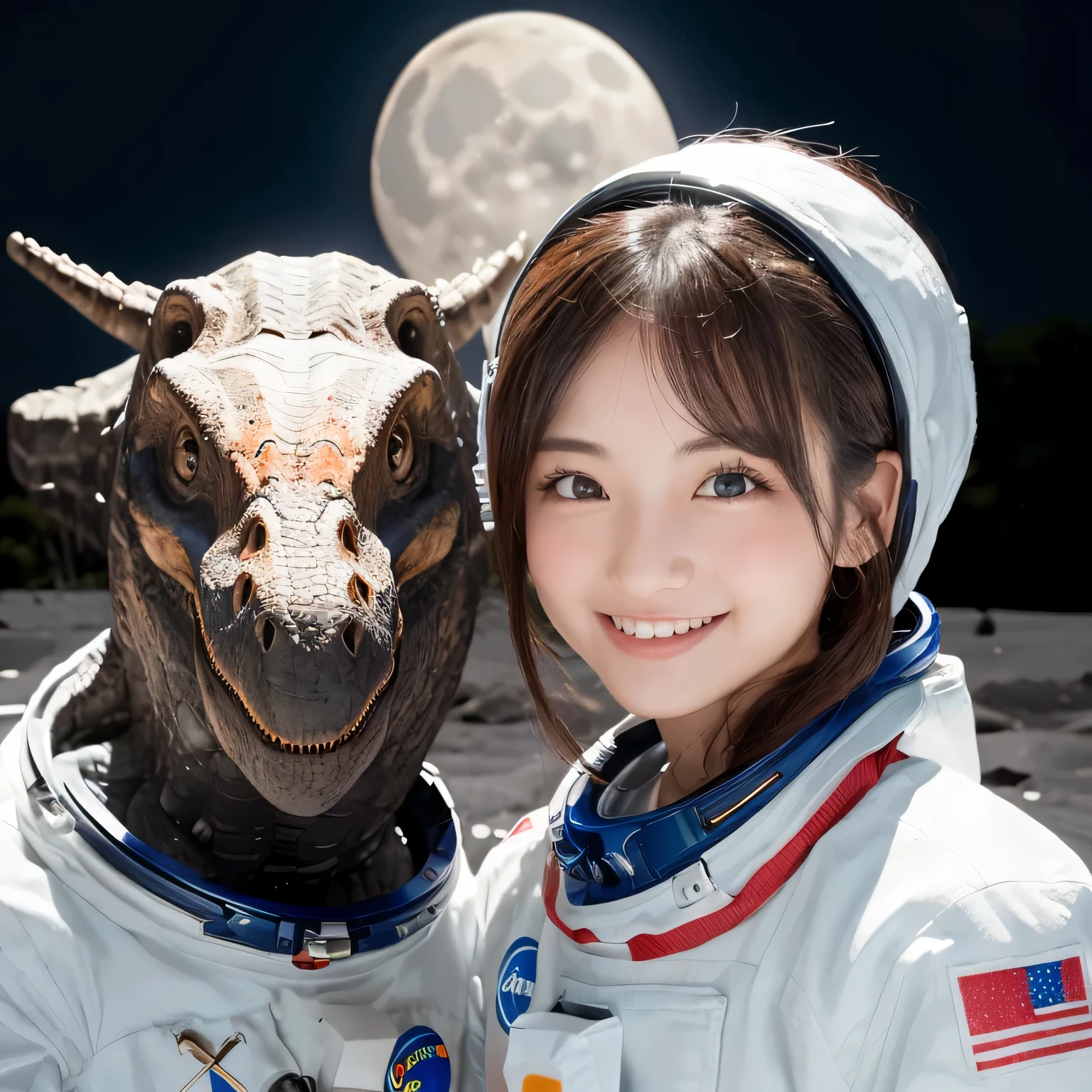 (Girl and dinosaurs on the moon:1.5) ,(landing on the moon:1.2),(dinosaurs:1.2),original photography,(ultimate beauty portrait、sparkling skin、1 girl、Smile、bright expression、brown hair、Big eyes sparkling like gems、Harajuku、24 year old beautiful girl),space suit,Flag of China ,Very detailed