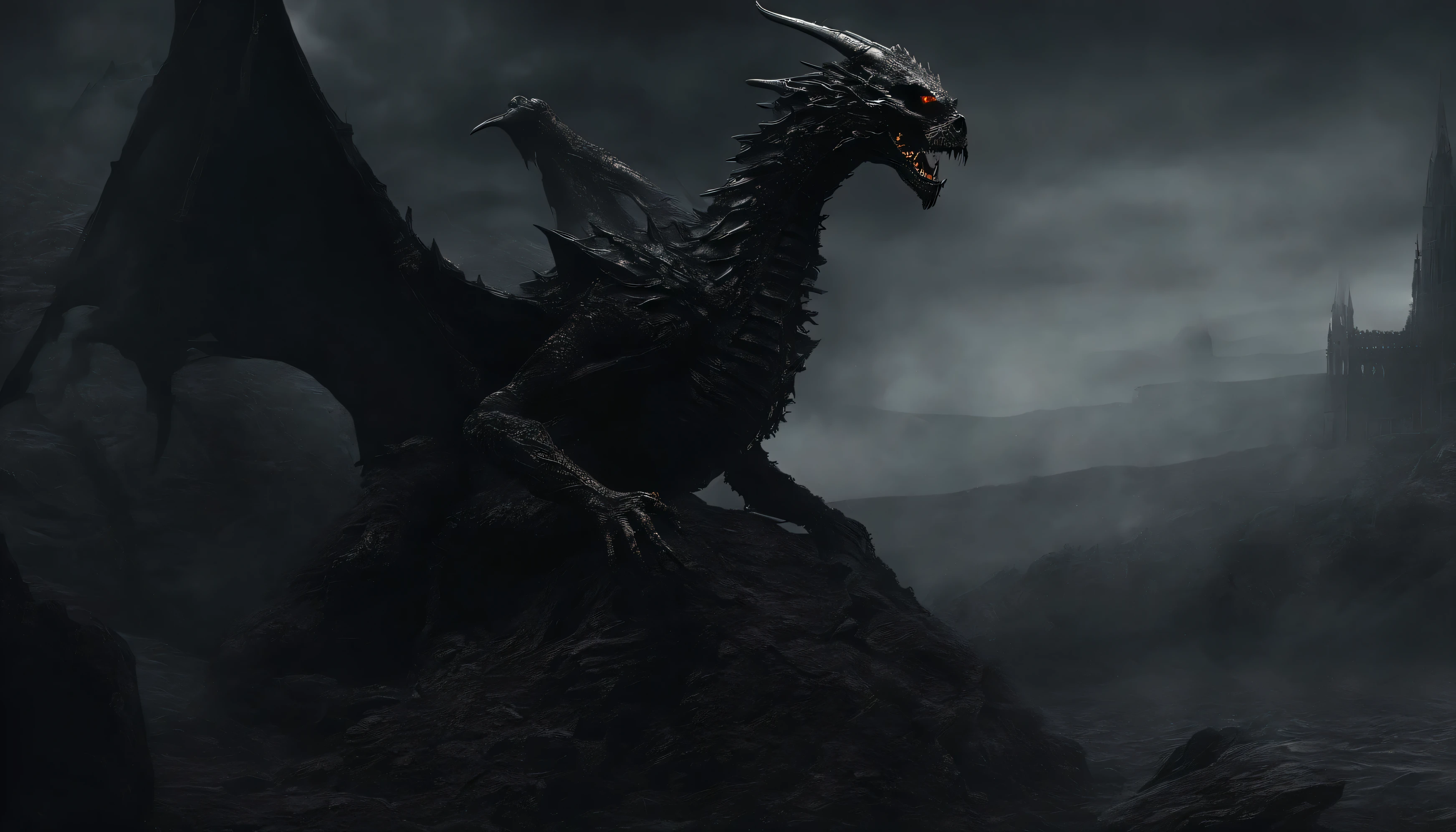 Black Skull Dragon, Criaturas misteriosas de otro mundo, scary atmosphere, fuego, humo, hiperrealismo, alta calidad, masutepiece