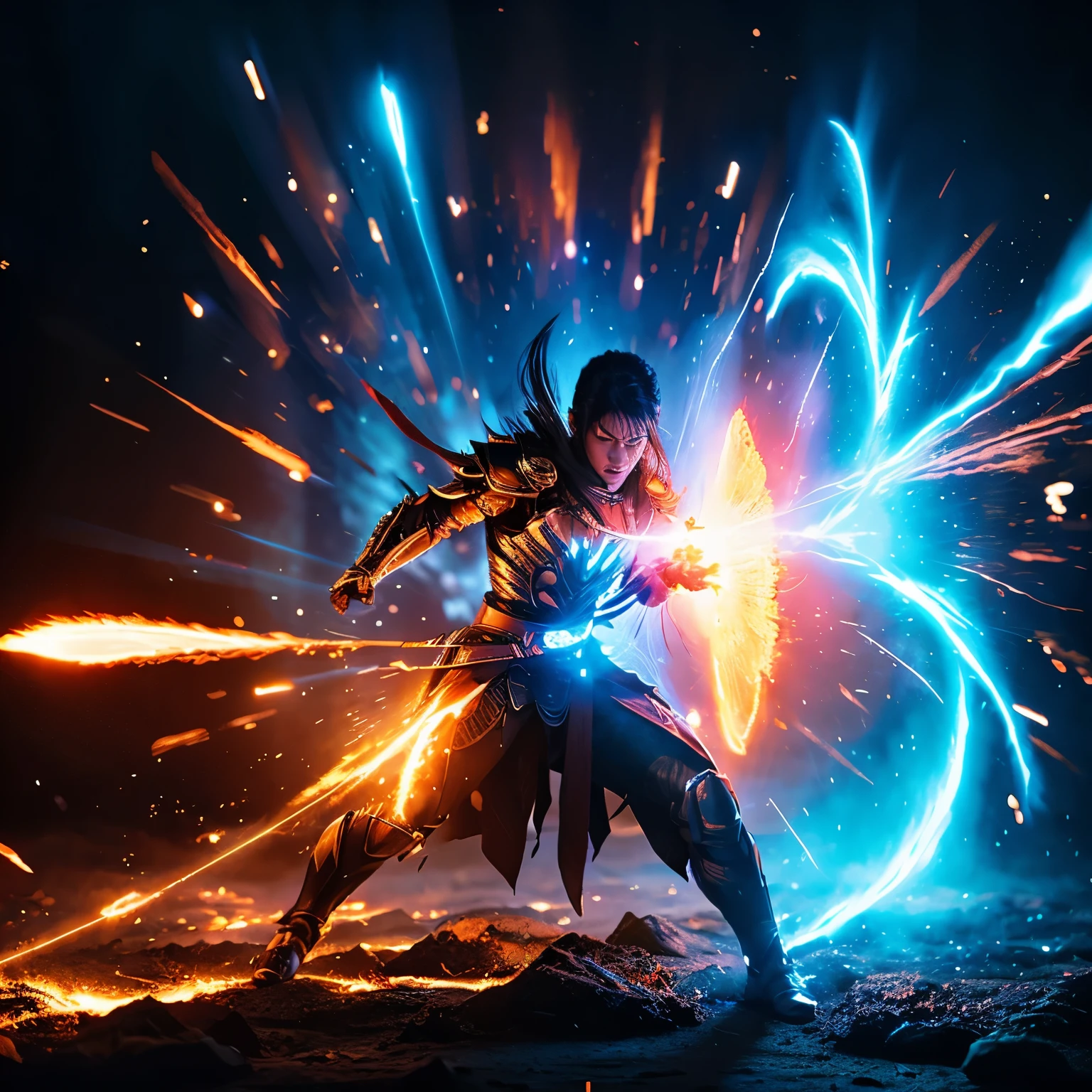 highest quality, Warrior fighting the fiery demon、Flowing energy、dynamic pose 、glowing text, transparent text, Energy particles, energy fluid, dawn, Blue Energy, light particle effect、illustration effect