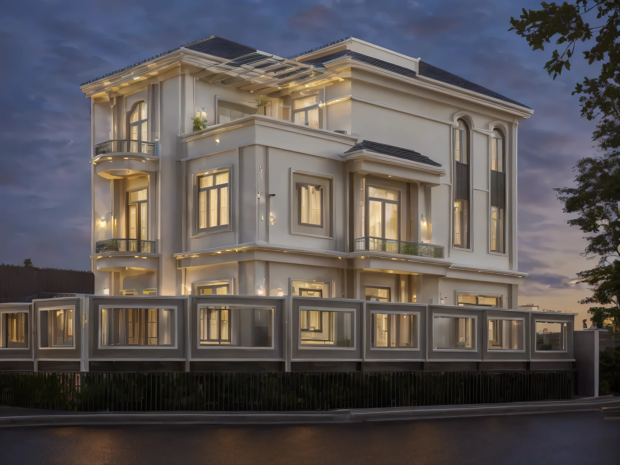 a rendering of a three story building with a balcony and balconies, front view, front elevation view, residential design, front perspective, perspective view, front-view, 3d rendering, 3 d rendering, front elevation, front view dramatic, exterior design, architectural render, front view, architectural concept, with 3 d render, (indochine:1.2), night, cloud, night weather, a road in front of house, (realistic:1.3), tree railing, tree
