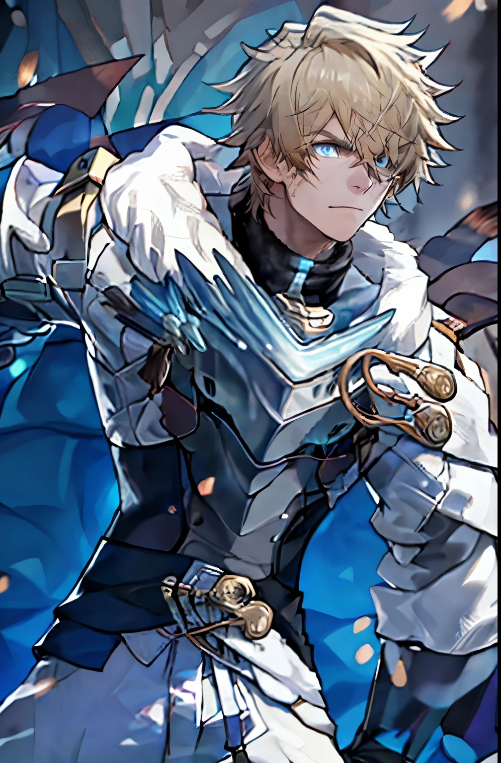 1boy, ((masterpiece)),blonde_hair, (aqua_eyes),(blue_eyes), hair_between_eyes, blurry foreground,bound,bruise,breastplate,(fur_trim),blue cloak,(((solo))),(muscular male), (huge wood), cum, flipped hair,long sleeves,looking at viewer,male focus,mouth hold,navel,(open clothes), unzipped pants, solo,(standing),(Eachcolorblockisclearlydistinguished:1.1),city_lights,lamp,lapels,god rays