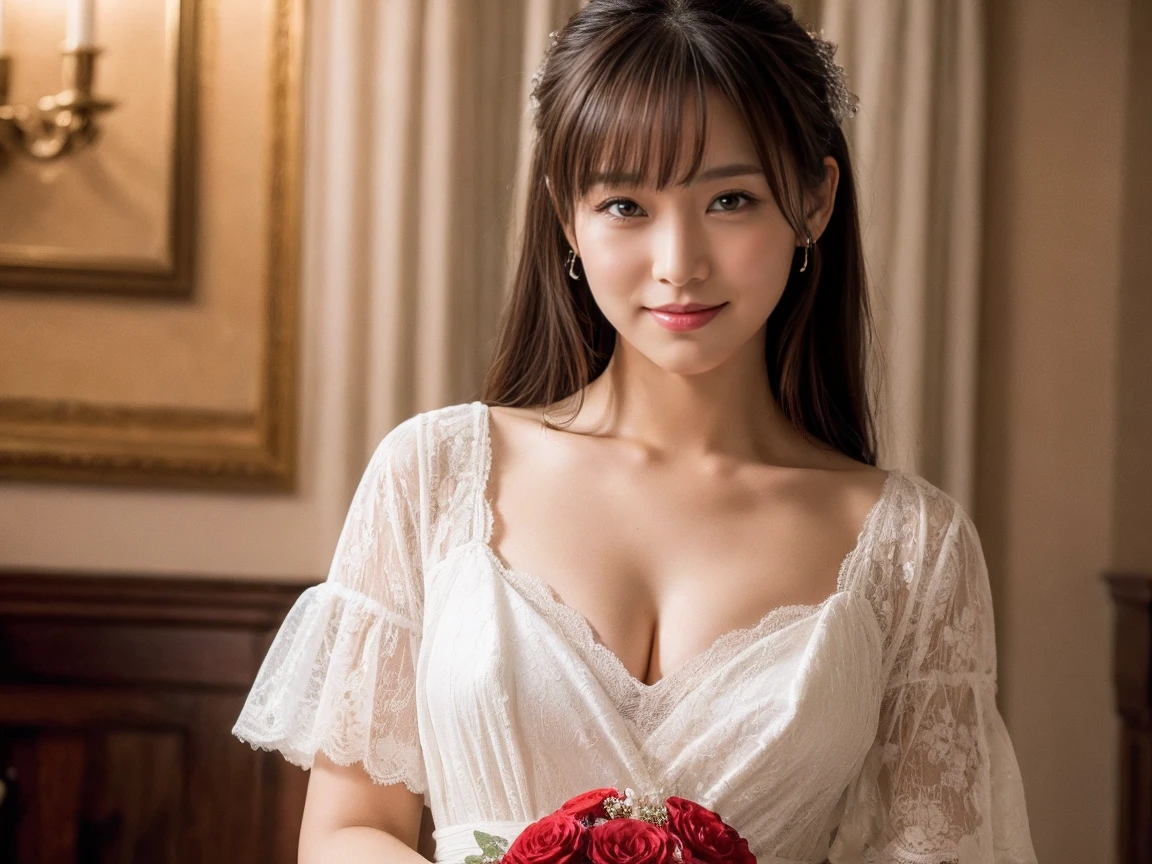 Medium view, medium shot, Depth of bounds written, ((Seductive,)) 3 people, bust, Upper body, cinematic angle, masterpiece, highest quality, Super detailed, cg, 8k wallpaper, beautiful face, delicate eyes, maiden, alone, smile, bangs, skirt, shirt, have, Crimson dress, bow, petal, bouquet