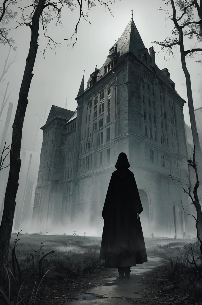 in the silence of night, A mysterious and unforgettable place unfolds before you. old, Abandoned buildings and crumbling structures bear witness to the passage of time. Thick fog and mysterious fog cling to the ground, Dark shadows lurk around every corner，Create a creepy atmosphere. A  figure stands in the center, Computation lurks in the background, Adding to the eerie silence in the area. Strange whispers accompany strange things, Ominous feeling，Leaves a sense of fear and curiosity.

The scene is set in pale moonlight, it casts a strangely beautiful light over the landscape. Haunting music playing in the distance adds to the overall haunted atmosphere