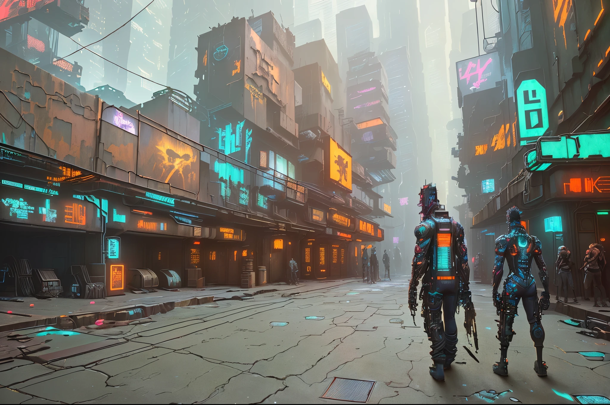 an aged, narrow alleyway in a futuristic city, framed by towering skyscrapers adorned with holographic advertisements; the alleyway is dimly lit, with rusted pipes and cracked pavement, contrasting the high-tech surroundings (Beeple-inspired:1.2) (grunge:1.1) (retro-futurism:1.1) (contrasts:1.2) (gritty ambiance) (vintage tones) (urban decay) (digital graffiti) (cyber-relics)
