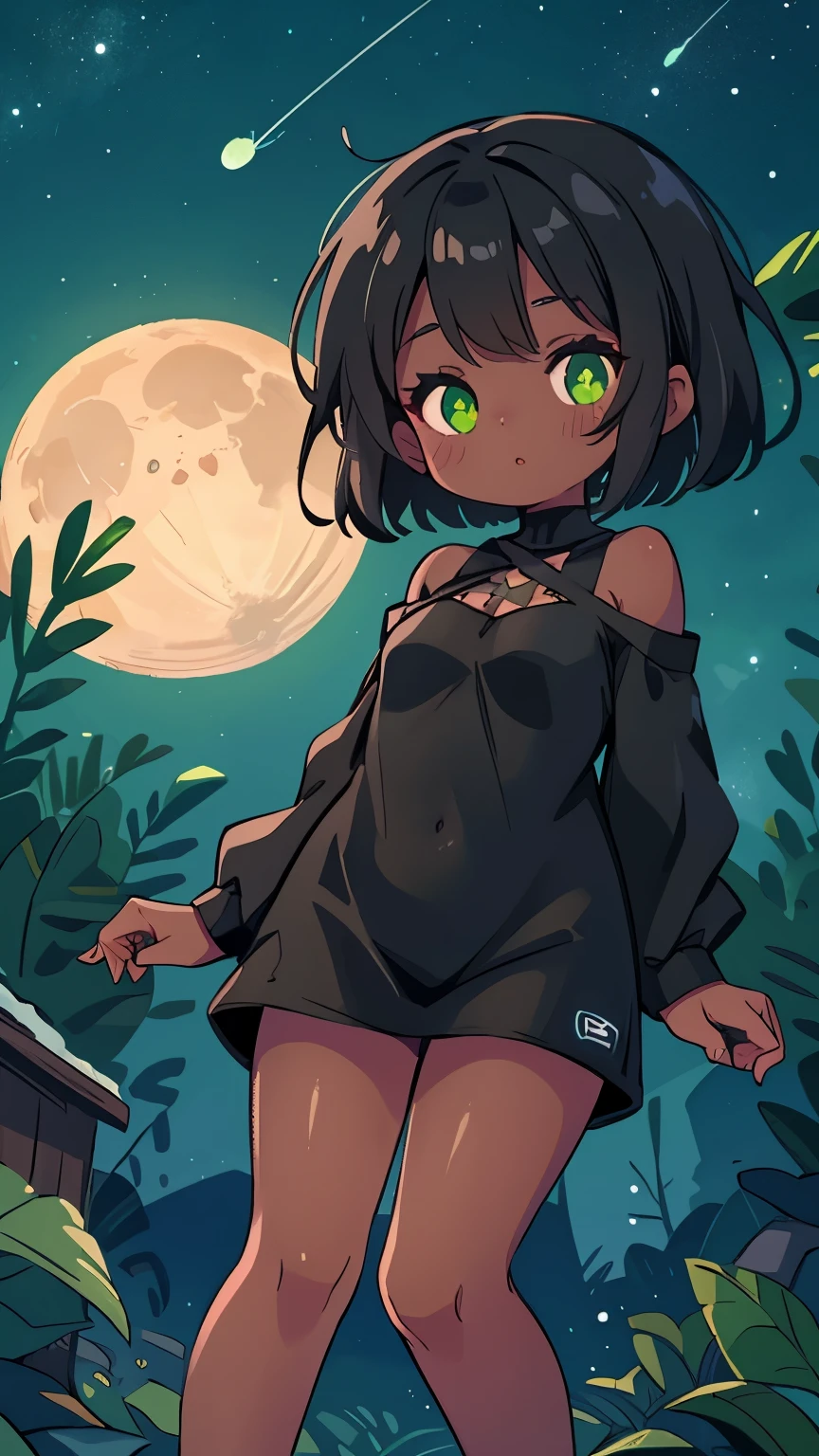 Cute, , (()), Small breasts, big thighs, bare shoulder, ((Black skin)), Black skin, green eyes, black hair, short hair, Cold weather blouse, green cold weather , bare legs, glowing eyes, 4k, starry sky, night, Moon,