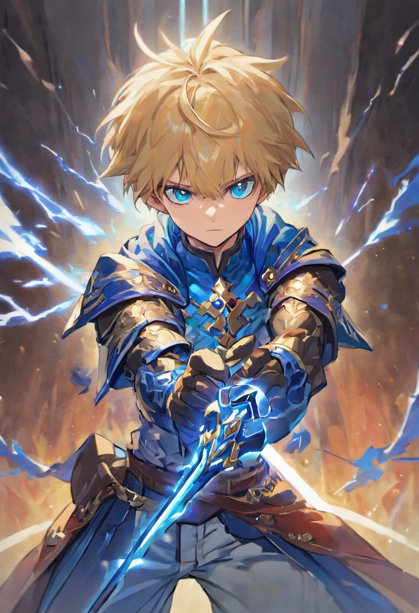 Wallpaper phone，8K quality，Exquisite facial features，exquisite eyes，best quality，Seven-doppelganger，anime characters，A ，handsome boy，Floy Gutierrez holds a blue shiny sword on the hilt, The sword is fixed to the ground in its resting position, Wearing blue armor, pair of fingerless gloves, The crotch is raised，blonde short hair, Upper body, male face, Cold and violent features, detailed facial features, high quality, masterpiece, blue eyes, Lightning in the background, anime art style