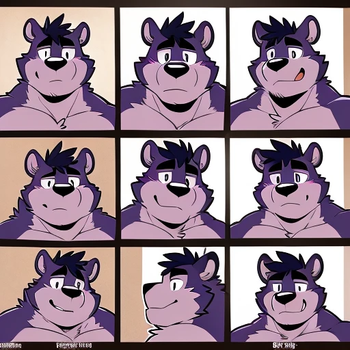 by takemoto arashi, (character expressions sheet, character busts, front view, side view, rear view), (1boy), solo, male anthro, kemono, (lavender bear), short purple Mohawk, white bangs, dark stripes around chest, one dark purple stripe on back, ((brown torso)), (((fat face, bigger head, short ears))), stocky, short stature, chubby, muscle, hunk, sexy, bara, handsome boy, (detailed eyes), (masterpiece, high res, best quality), 4k, soft skin, warm color