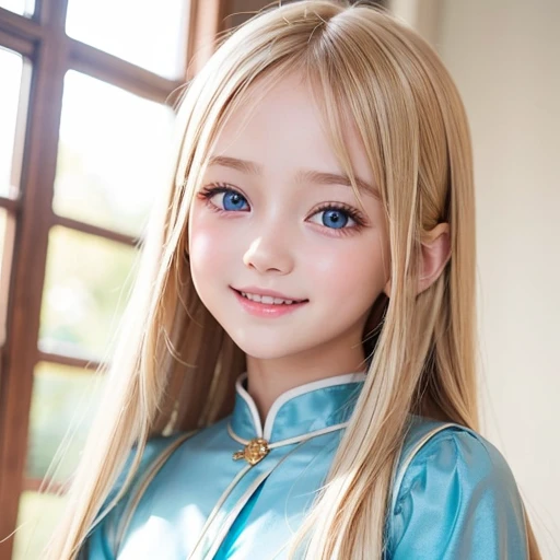 shiny skin、 Very cute and beautiful face、Very shiny and beautiful skin、very beautiful and cute pale blue eyes、beautiful very long shiny silky blonde hair、(10 years old)、one small very beautiful cute girl、Beautiful cute bright look、Clear double eyelids、((Very happy smile))、Clothes with beautiful details