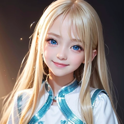 shiny skin、 Very cute and beautiful face、Very shiny and beautiful skin、very beautiful and cute pale blue eyes、beautiful very long shiny silky blonde hair、（）、one small very beautiful cute girl、Beautiful cute bright look、Clear double eyelids、((Very happy smile))、Clothes with beautiful details