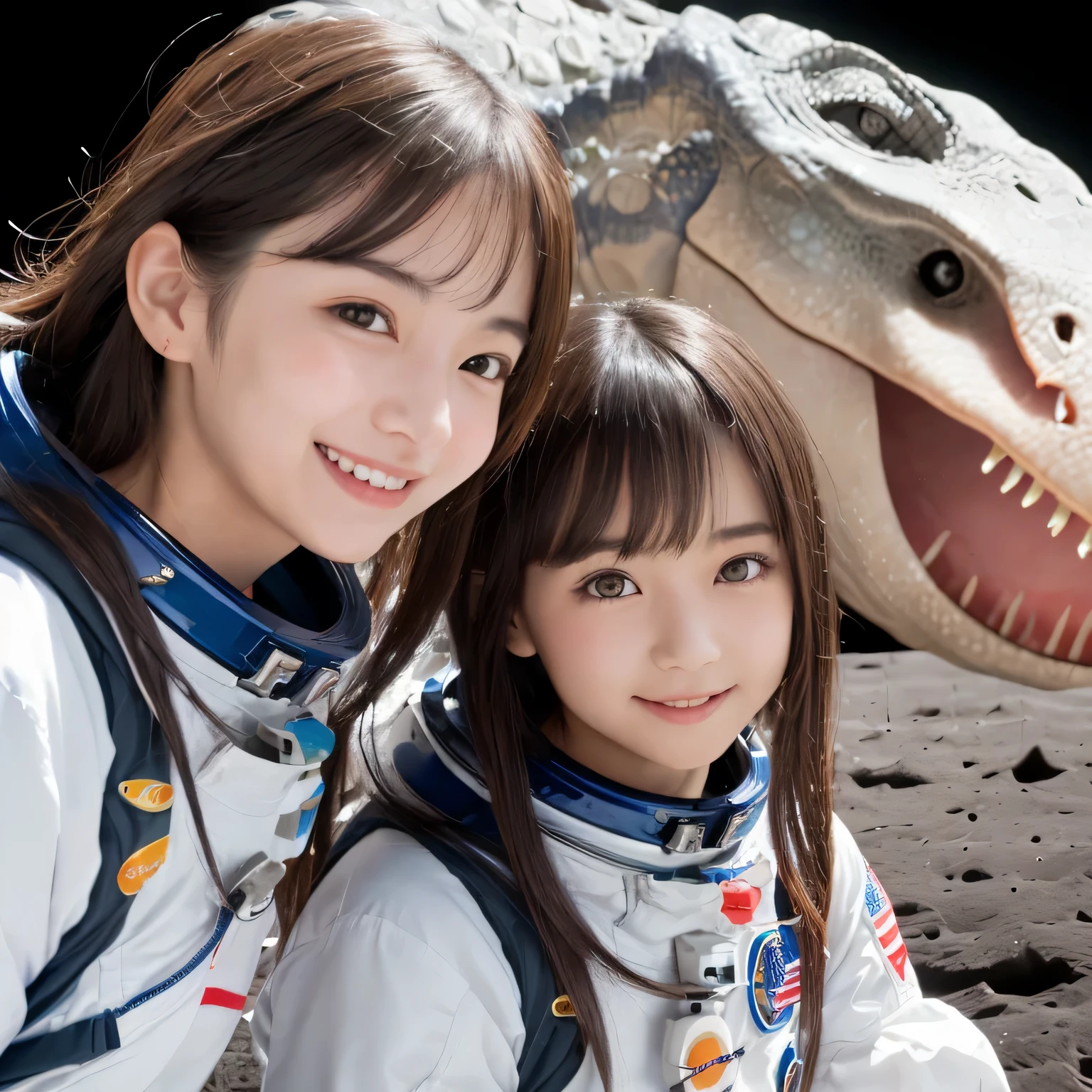 (Girl and dinosaurs on the moon:1.5) ,(landing on the moon:1.2),(dinosaurs:1.2),original photography,(ultimate beauty portrait、sparkling skin、1 girl、Smile、bright expression、brown hair、Big eyes sparkling like gems、Harajuku、24 year old beautiful girl),space suit,Flag of China ，Very detailed