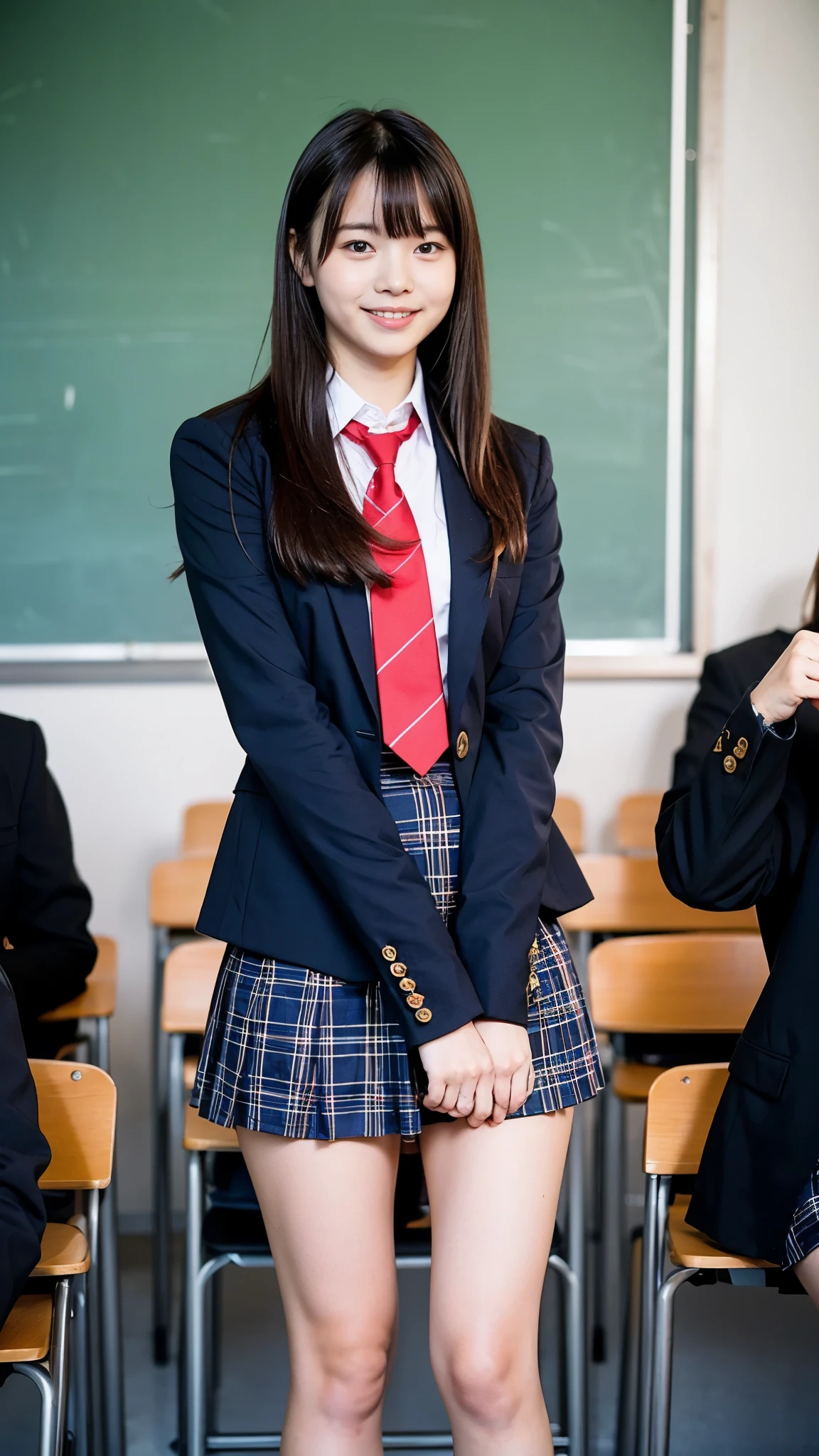 Girl Standing In School Classroom,Red Tie Uniform,Dark Blue Closed Blazer,Blue plaid skirt,18-year-old,bangs,a little smile,thighs,knees,from below,random pose,pretty girl,