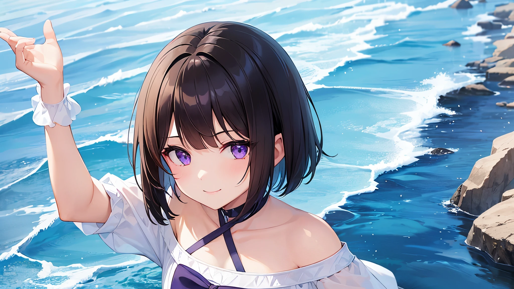 1girl very cute girl、dark brown hair、bob cut、short hair、Violet eyes、smile、Crystal clear white skin、white sailor suit、Blue line、