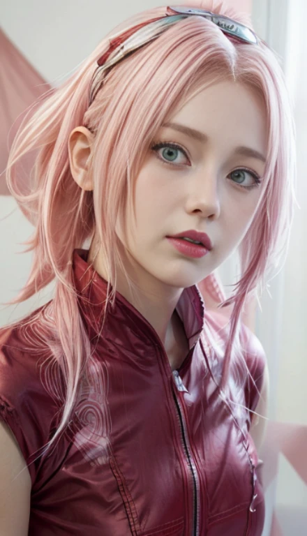 young woman, white skin, long bubblegum pink hair, wide forehead, pink eyebrows, big emerald green eyes, upturned nose, thick red lips, heart shaped face, red clothes, high detail, sharp focus, Sakura Haruno, realistic, realism , 3d