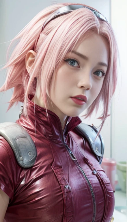 young woman, white skin, long bubblegum pink hair, wide forehead, pink eyebrows, big emerald green eyes, upturned nose, thick red lips, heart shaped face, red clothes, high detail, sharp focus, Sakura Haruno, realistic, realism , 3d