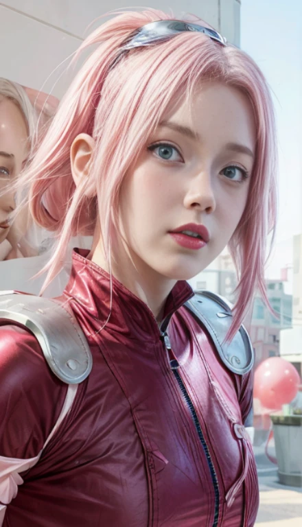 young woman, white skin, long bubblegum pink hair, wide forehead, pink eyebrows, big emerald green eyes, upturned nose, thick red lips, heart shaped face, red clothes, high detail, sharp focus, Sakura Haruno, realistic, realism , 3d