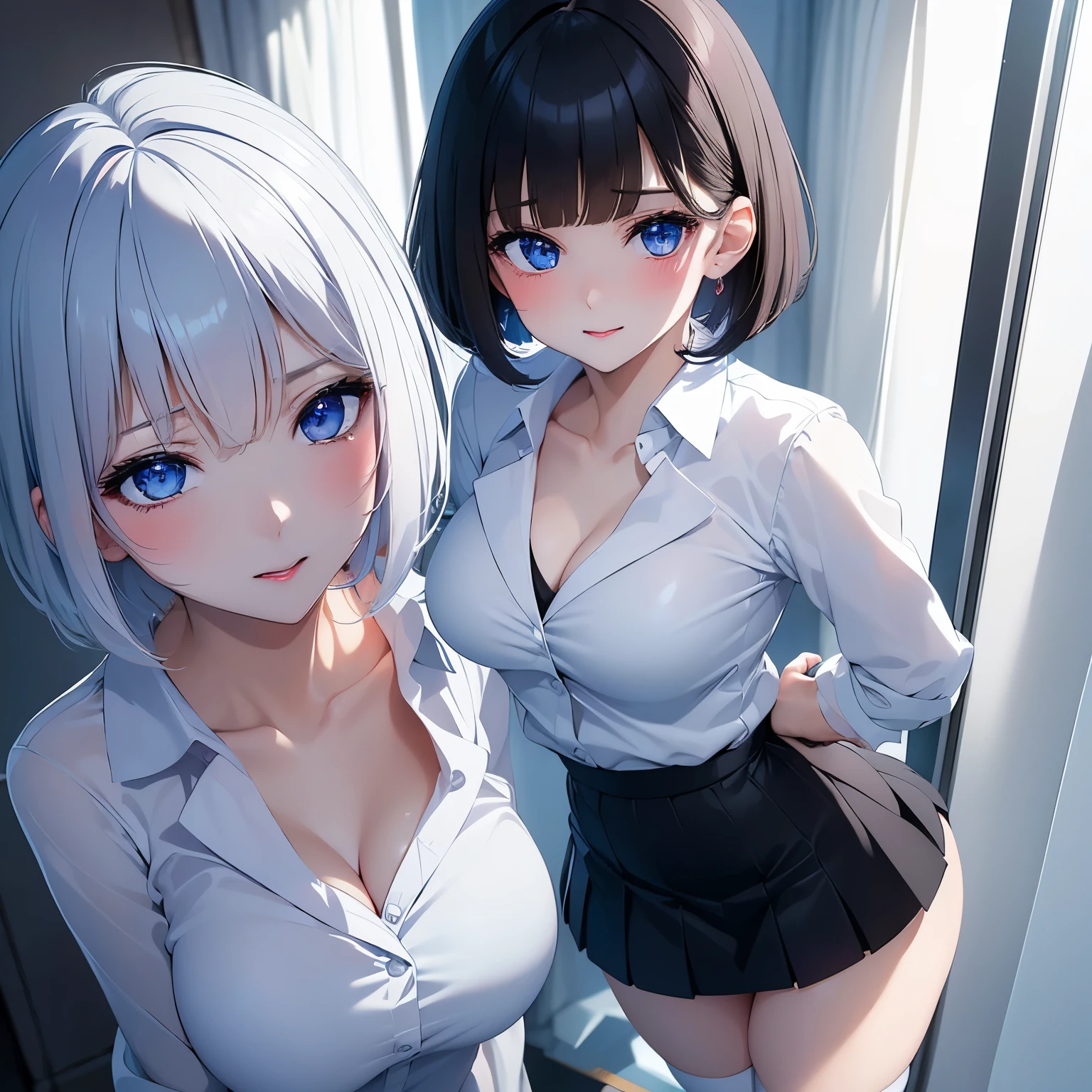 best quality, 32k, RAW photo, incredibly absurdres, extremely detailed, delicate texture, beautiful lady, amorous and lewd expression, shy, wearing stylish blazer and miniskirt style high school uniform, perfect body line, iridescent glossy white short bob cut hair, professional lighting