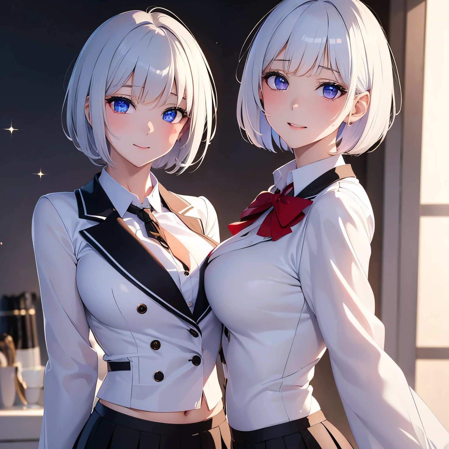 best quality, 32k, RAW photo, incredibly absurdres, extremely detailed, delicate texture, beautiful lady, amorous and lewd expression, shy, wearing stylish blazer and miniskirt style high school uniform, perfect body line, iridescent glossy white short bob cut hair, professional lighting