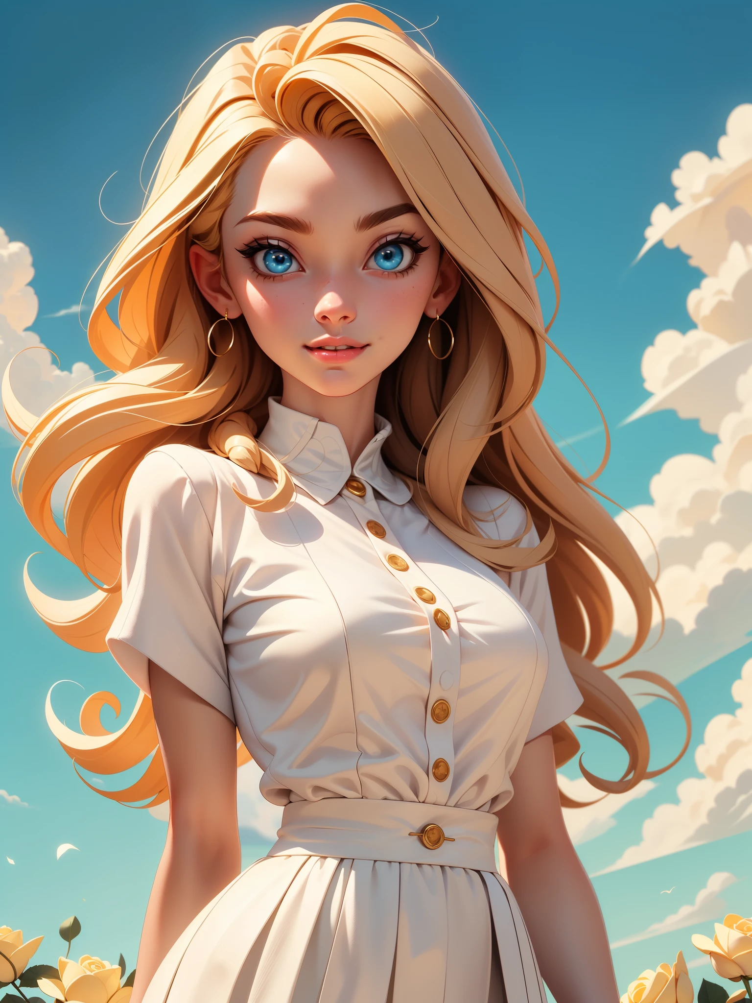 Best image quality, 4k, masterpiece, age female, white and tender skin, blonde floppy long hair, blue eyes, green and slightly mature, cute and soft, young, godly eyes, exquisite hair, look at the lens, face focus, smile, delicate facial features, front lighting, front light source, portraiture, face magnification, face close-up, above the shoulder, cute feeling, excellent posture to capture the sight, portrait painting effect, blue sky and white clouds, roses