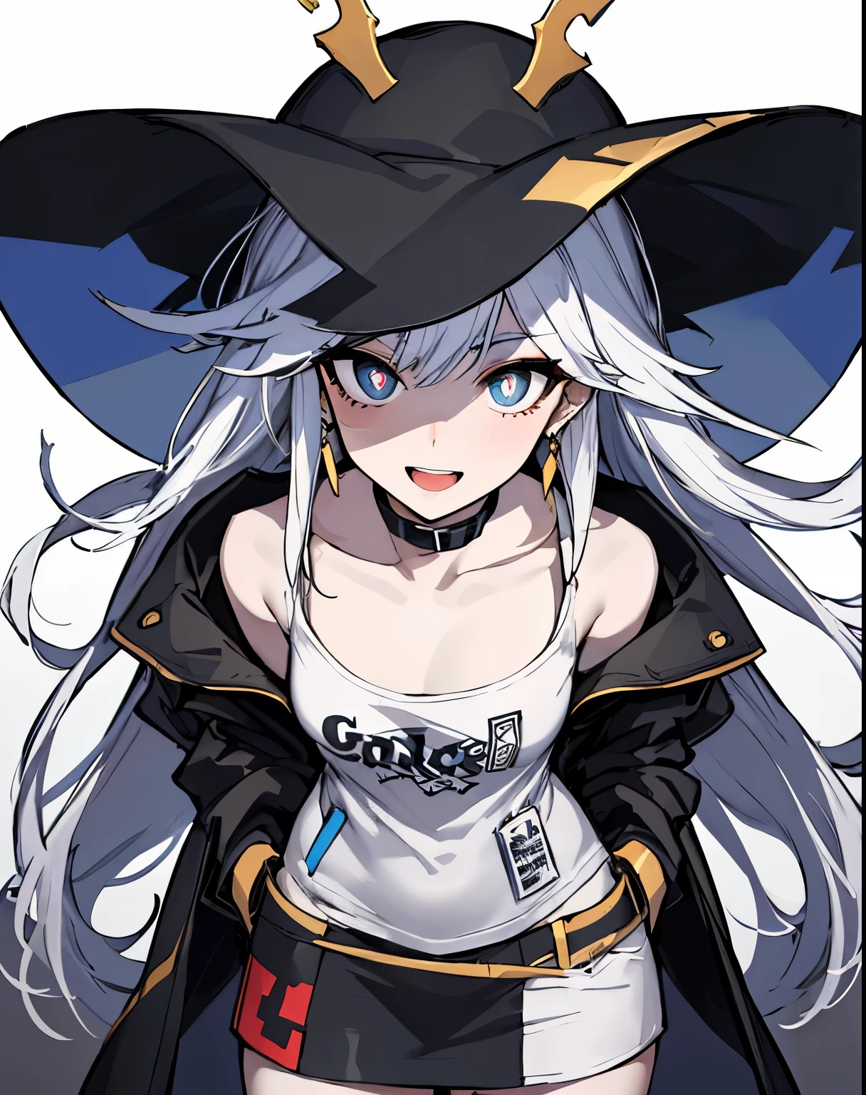 (absurdres, 8k, 4k, masterpiece, hyper extreme detailed:1.2), solo, 1girl, front view, perfect face, 1girl, portrait, expressive eyes, solo, standing, Female, perfect hands, pale skin, friendly, excited, punk rock, Long Hair,Blue and white gradient hair,golden pupils,red earrings,princess cut hairstyle,Wear modern clothes,Handsome big sister, half body, perfect anatomy, hands in pockets, graphic t-skirt, anatomically correct, cowboy shot, no background, empty background, arms behind back, covered chest, white background, exposed shoulder,