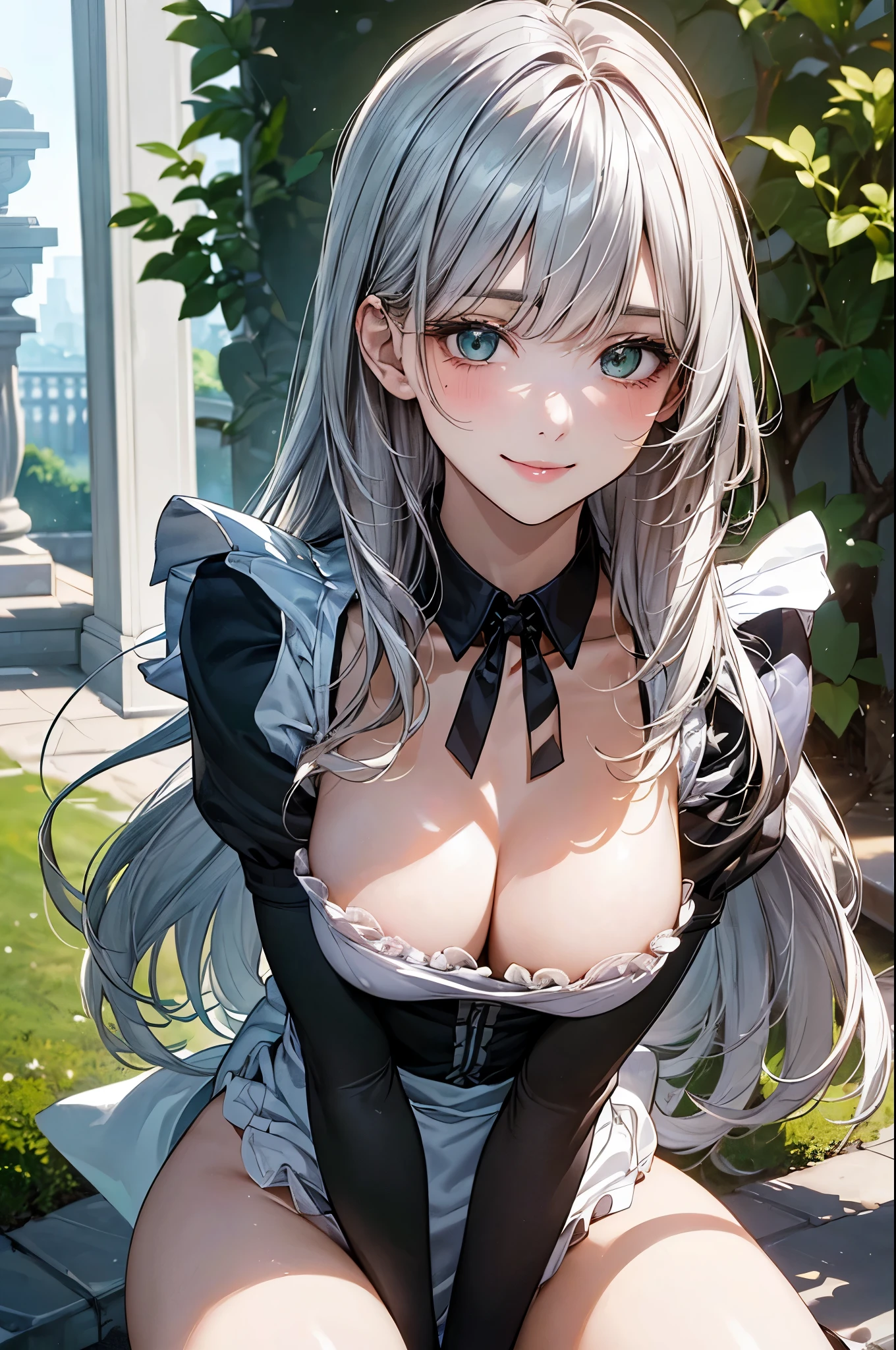 (masterpiece:1.2, top-quality), (realistic, photorealistic:1.4), beautiful illustration, (natural side lighting, movie lighting), nsfw,
looking at viewer, 1 girl, japanese, high school girl, perfect face, cute and symmetrical face, shiny skin,
(long hair:1.5, messy hair:1.2, silver hair), swept bangs, emerald green eyes, drooping eyes, long eye lasher, (large breasts:0.6),
beautiful hair, beautiful face, beautiful detailed eyes, beautiful clavicle, beautiful body, beautiful chest, beautiful thighs, beautiful legs,
((french maid)),
(beautiful scenery), outside flower garden, modern, standing, spread legs, gatling gun, (lovely smile, upper eyes),