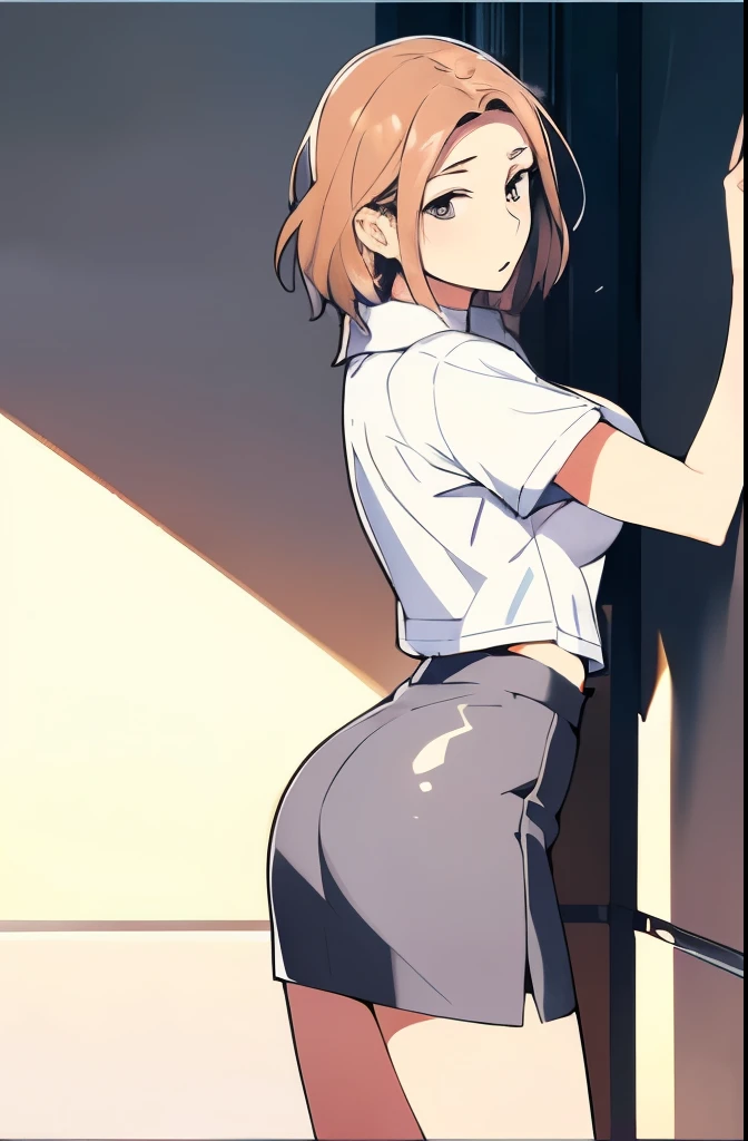 ((8K:1.27)、top-quality、masterpiece、超A high resolution:1.2)photo beautiful Japanese woman(pleasing:1.1) (White polo shirt:1.21) Design by Gregg Lutkowski and Alphonse Mucha Intricate Elegance、Fantasia、细节、Geometry、Gradient lighting、1girl in、Delicate skin、looking at the viewers、Brown-eyed、(short hair with bangs:1.2)、(Medium chest:1.0)、(medium areola:0.8)、(realisitic:1.4)、(top-quality:1.0)、(超A high resolution:1.0)、8K、Raw photography、(masterpiece:0.2)、(pureerosface_v1:0.5)、 white clothes、Dark gray tight skirt、stick out your big butt、Hands on the wall、facing back、Angle from behind、s Office、You can see the shape of the buttocks well、Inviting gesture、A sexy、Buttocks exposed、excited、Flip up the skirt yourself、Show your ass、Expose behavior、Show your ass、Laptop PC、Typing、