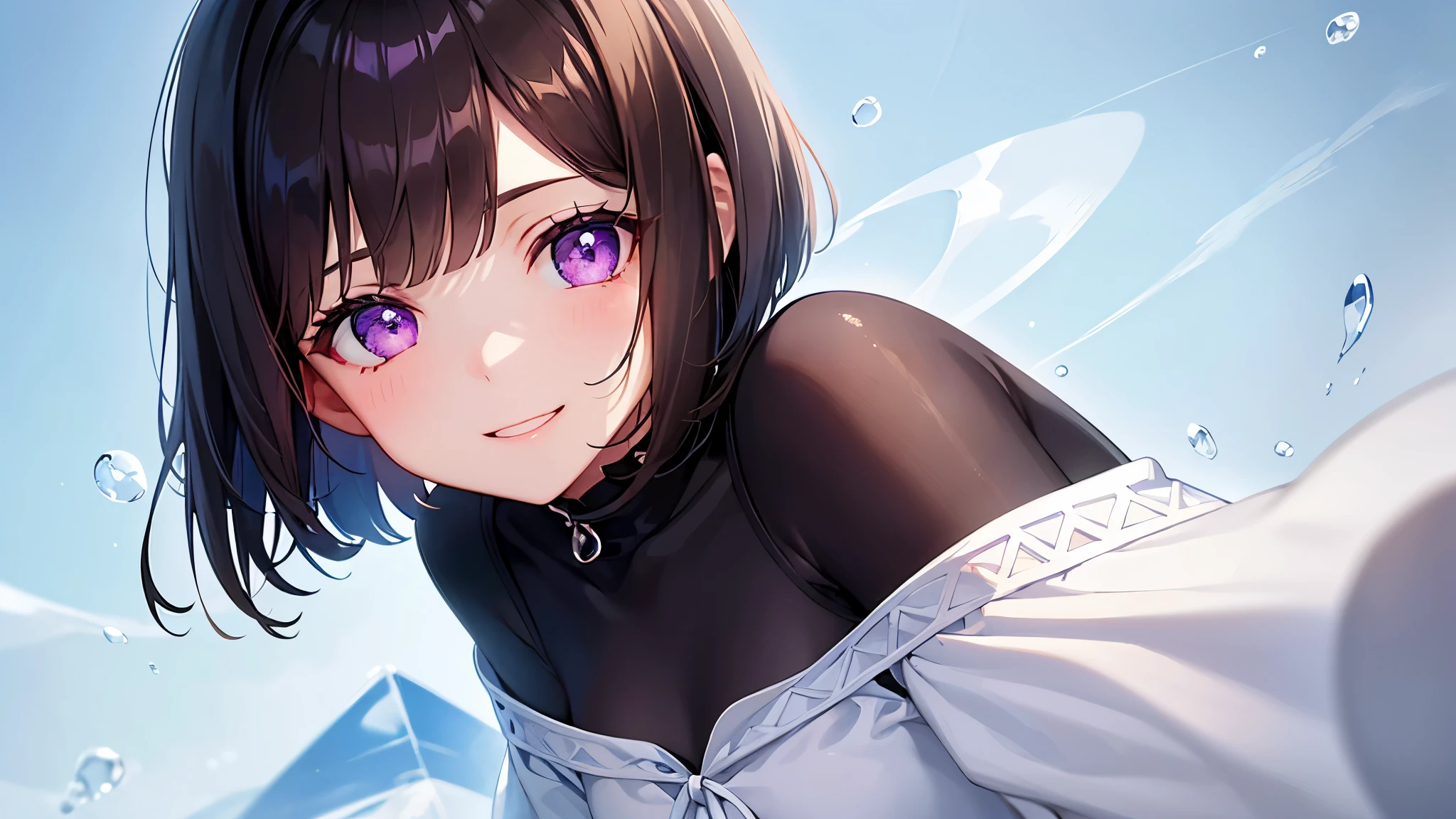 1girl very cute girl、dark brown hair、bob cut、short hair、Violet eyes、smile、Crystal clear white skin、white sailor suit、Blue line、