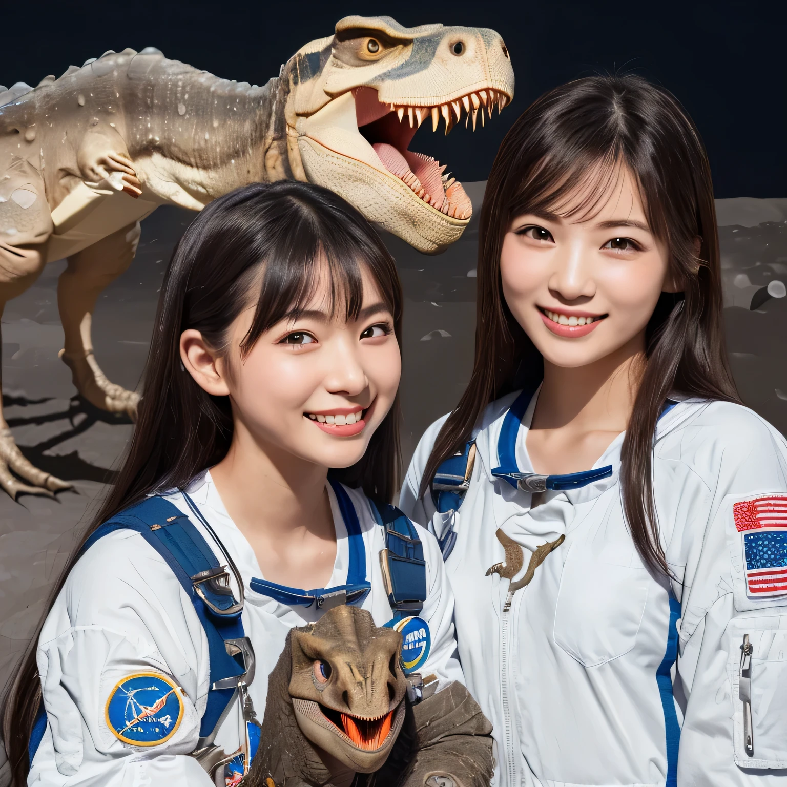 (Girl and dinosaurs on the moon:1.5) ,(landing on the moon:1.2),(dinosaurs:1.2),original photography,(ultimate beauty portrait、sparkling skin、1 girl、Smile、bright expression、brown hair、Big eyes sparkling like gems、Harajuku、24 year old beautiful girl),Chinese space suit, ，Very detailed