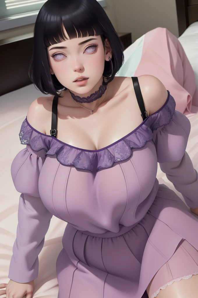 (masterpiece) (huge titusty, masterpiece, absurdres, hinata\(boruto\), 1girl, solo,mature female, off-shoulder bra, high waist short skirt, looking at viewelling petals), perfect composition, detailed lips, big breast, beautiful face, body propotion, blush, (pink lips), short hair, (black hair), purple eyes, soft gaze, super realistic, detailed, photoshoot, realistic face and body, closed mouth, laying on the bed , lilac eyes, full body, lace clothes,