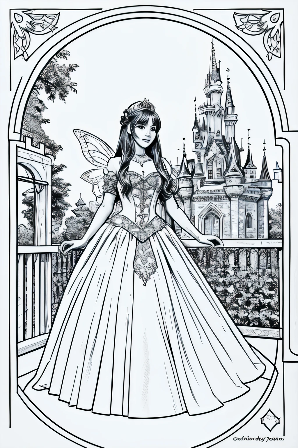 fairy tale princess, castle, line art, coloring page