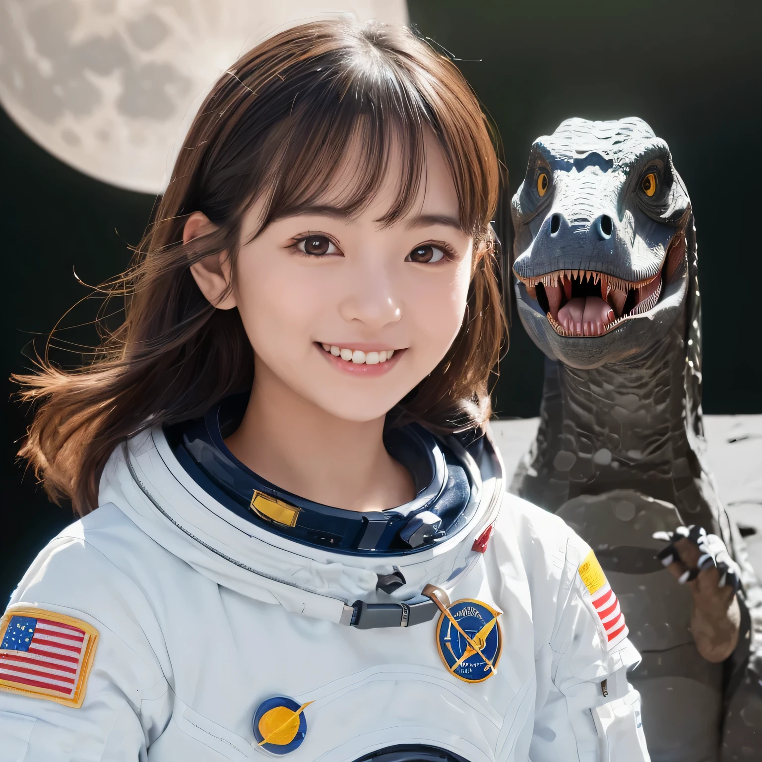 (Girl and dinosaurs on the moon:1.5) ,(landing on the moon:1.2),(dinosaurs:1.2),original photography,(ultimate beauty portrait、sparkling skin、1 girl、Smile、bright expression、brown hair、Big eyes sparkling like gems、Harajuku、24 year old beautiful girl),Chinese space suit, ,Very detailed