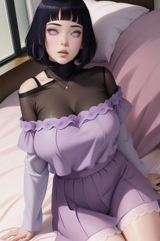 (masterpiece) (huge titusty, masterpiece, absurdres, hinata\(boruto\), 1girl, solo,mature female, off-shoulder bra, high waist short skirt, looking at viewelling petals), perfect composition, detailed lips, big breast, beautiful face, body propotion, blush, (pink lips), short hair, (black hair), purple eyes, soft gaze, super realistic, detailed, photoshoot, realistic face and body, closed mouth, laying on the bed , lilac eyes, full body, lace clothes,