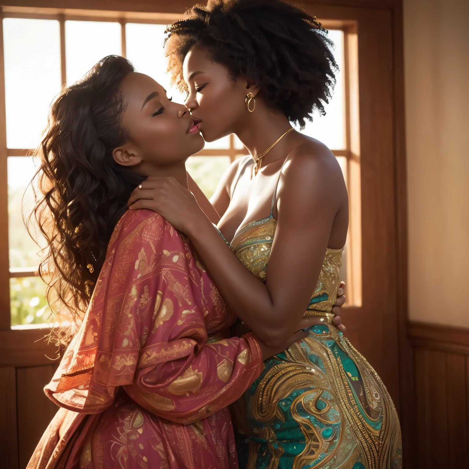 (8K, top-quality, masterpiece: 1.2), (reallistic, Photorealistic: 1.2), two Beautiful African women, Deeply in love, Embracing each other tight, Sharing a passionate and tender kiss.
Their radiant smiles illuminate the scene, revealing their inviting eyes. The sunlight dances off their dark, luscious curls, framing their fine, beautiful faces. The intricate details of their skin are illuminated by the natural light, showcasing their natural textures and hyper-realistic features.
One woman wears a vibrant, flowing dress adorned with intricate patterns, while the other don