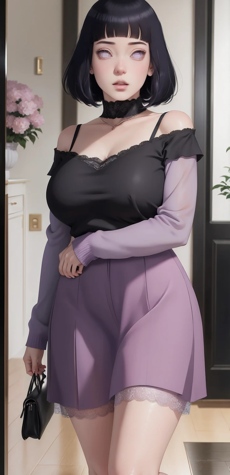 (masterpiece) (huge titusty, masterpiece, absurdres, hinata\(boruto\), 1girl, solo,mature female, off-shoulder bra, high waist short skirt, looking at viewelling petals), perfect composition, detailed lips, big breast, beautiful face, body propotion, blush, (pink lips), short hair, (black hair), purple eyes, soft gaze, super realistic, detailed, photoshoot, realistic face and body, closed mouth, , lilac eyes, full body, lace clothes, walking on the floor with black shoes