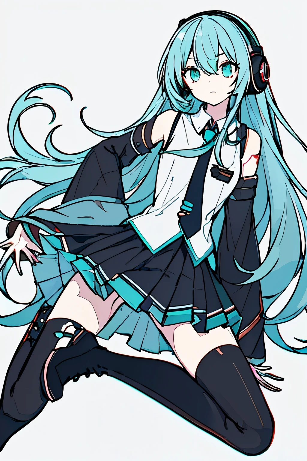 masterpiece, intricate details,highest quality, chromatic aberration, 1 girl, alone, skirt, rimuru tempest, long hair, Thighhighs, short, removed sleeve, tie, thigh boots, shirt, boots, black skirt, kneel down, No sleeve, headset, aqua eye, pleated skirt, aqua hair, whole body, No sleeve shirt, simple background, zettai ryouiki, very long hair, white background, tattoo, black shoes, black Thighhighs, hair ornaments