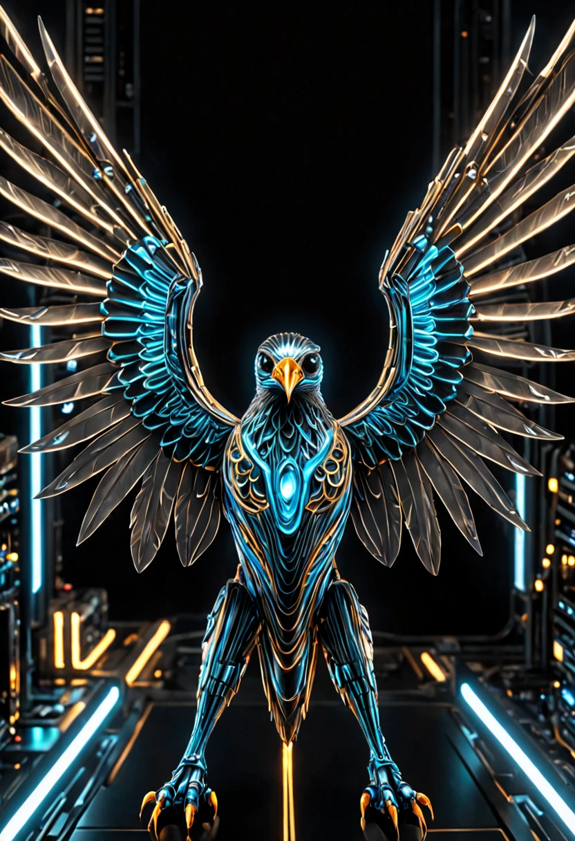 (((One starling bird))) sleek (aerodynamic). The ray-traced ((shiny metallic)) photo-realistic bird in ((cool colors)) spreads two large wings to fly with open beak, ((symmetrical tail fanned)) out. The background is a dark neon futuristic city or mountains. Circuit traces everywhere, circuitry on the cyborg bird's head, and plasma stream trails. The bird is robotic, shiny metal body panels, with cables, ((two large talons)) reach forward to grab something. Illuminated symmetrical bird wings, cyan-blue between panels. The sky and clouds contrasts of light and dark, moonlit night. Fully body and wings are in-frame.