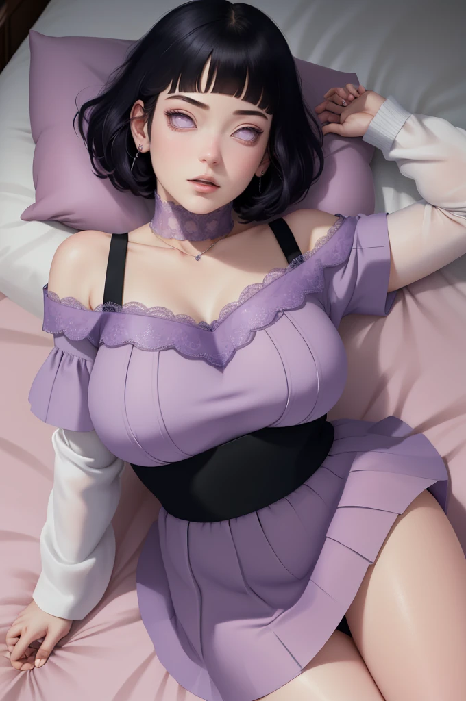 (masterpiece) (huge titusty, masterpiece, absurdres, hinata\(boruto\), 1girl, solo,mature female, off-shoulder bra, high waist short skirt, looking at viewelling petals), perfect composition, detailed lips, big breast, beautiful face, body propotion, blush, (pink lips), short hair, (black hair), purple eyes, soft gaze, super realistic, detailed, photoshoot, realistic face and body, closed mouth, laying on the bed , lilac eyes, full body, lace clothes,