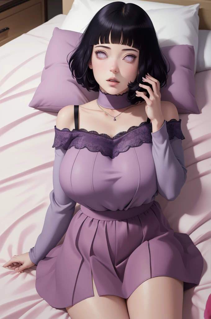 (masterpiece) (huge titusty, masterpiece, absurdres, hinata\(boruto\), 1girl, solo,mature female, off-shoulder bra, high waist short skirt, looking at viewelling petals), perfect composition, detailed lips, big breast, beautiful face, body propotion, blush, (pink lips), short hair, (black hair), purple eyes, soft gaze, super realistic, detailed, photoshoot, realistic face and body, closed mouth, laying on the bed , lilac eyes, full body, lace clothes,