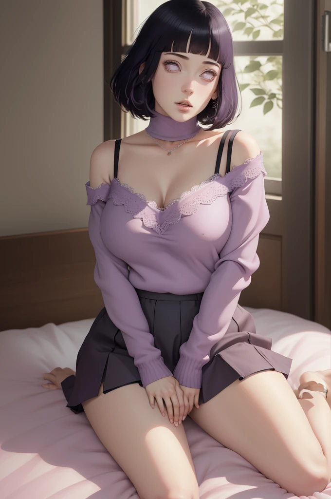 (masterpiece) (huge titusty, masterpiece, absurdres, hinata\(boruto\), 1girl, solo,mature female, off-shoulder bra, high waist short skirt, looking at viewelling petals), perfect composition, detailed lips, big breast, beautiful face, body propotion, blush, (pink lips), short hair, (black hair), purple eyes, soft gaze, super realistic, detailed, photoshoot, realistic face and body, closed mouth, laying on the bed , lilac eyes, full body, lace clothes,