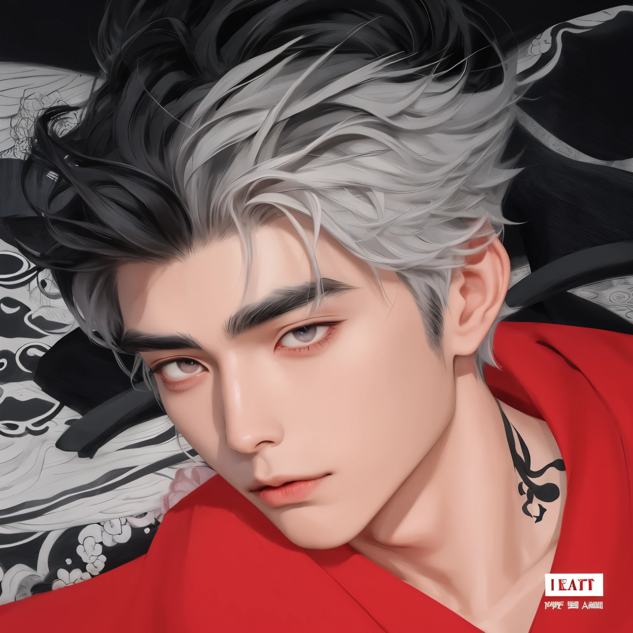 Hombre arafed con cabello gris y maquillaje en blanco y negro., handsome japanese demon boy, xqc, cai xukun, Maquillaje Kabuki, inspirado en anime, manic appearance, inspirado por Zhang Han, inspired by Itō Ogura Yonesuke, inspirado por Austin Osman Spare, Estilo Araki, inspirado por Xie Huan, personaje animado; arte de cuerpo completo, mirada aterradora