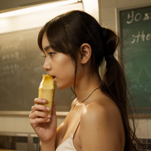 The smallest tube top I've ever seen、high school girl、smelling a banana