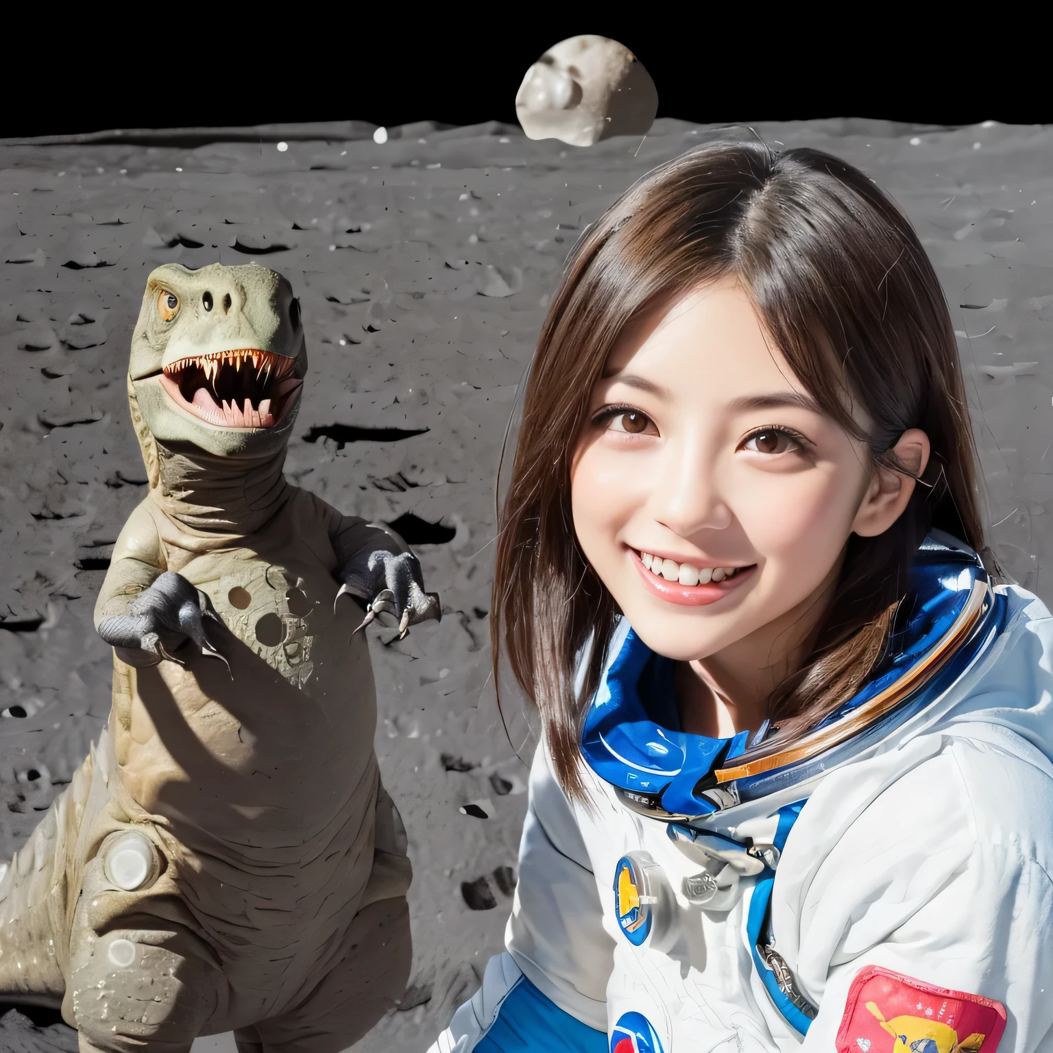 (Girl and dinosaurs on the moon:1.5) ,(landing on the moon:1.2),(dinosaurs:1.2),original photography,(ultimate beauty portrait、sparkling skin、1 girl、Smile、bright expression、brown hair、Big eyes sparkling like gems、Harajuku、24 year old beautiful girl),Chinese space suit, ,Very detailed