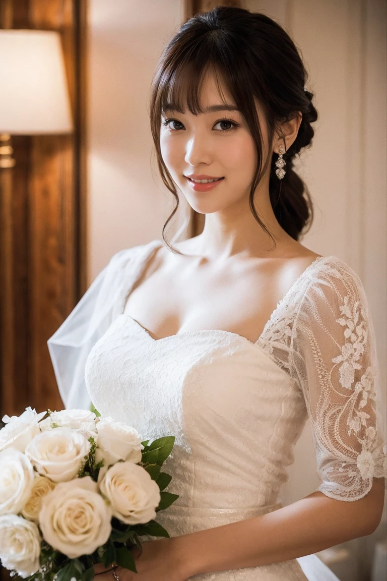 Medium view, medium shot, Depth of bounds written, bust, Upper body, cinematic angle, masterpiece, highest quality, Super detailed, cg, 8k wallpaper, beautiful face, delicate eyes, maiden, alone, smile, bangs, skirt, shirt, have, Crimson dress, bow, petal, bouquet