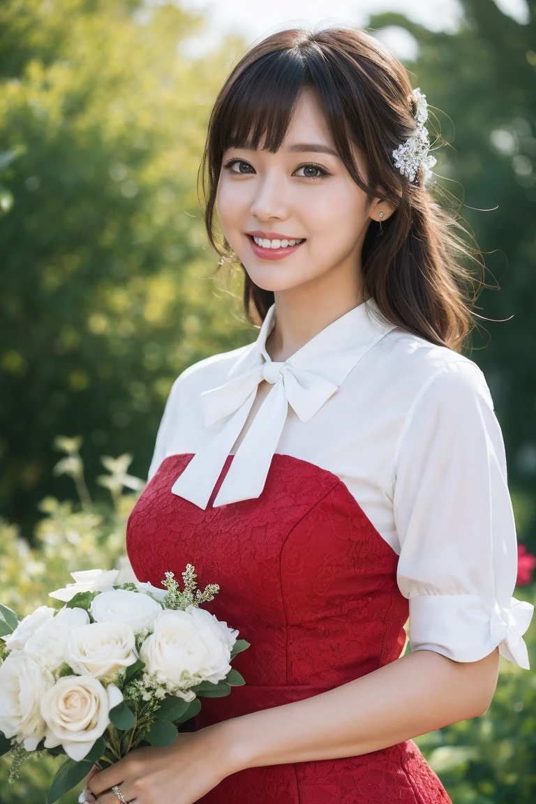 Medium view, medium shot, Depth of bounds written, bust, Upper body, cinematic angle, masterpiece, highest quality, Super detailed, cg, 8k wallpaper, beautiful face, delicate eyes, maiden, alone, smile, bangs, skirt, shirt, have, Crimson dress, bow, petal, bouquet