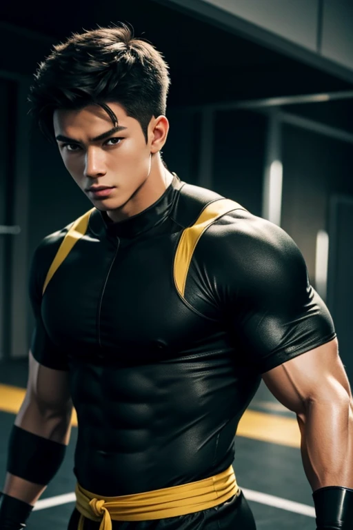 a young male ninja, 18 years old, American, athletic and well-muscled body, green eyes, short black hair, yellow and black ninja clothes 