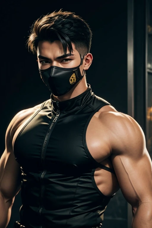 a young male ninja, 18 years old, American, athletic and well-muscled body, green eyes, short black hair, yellow and black ninja clothes