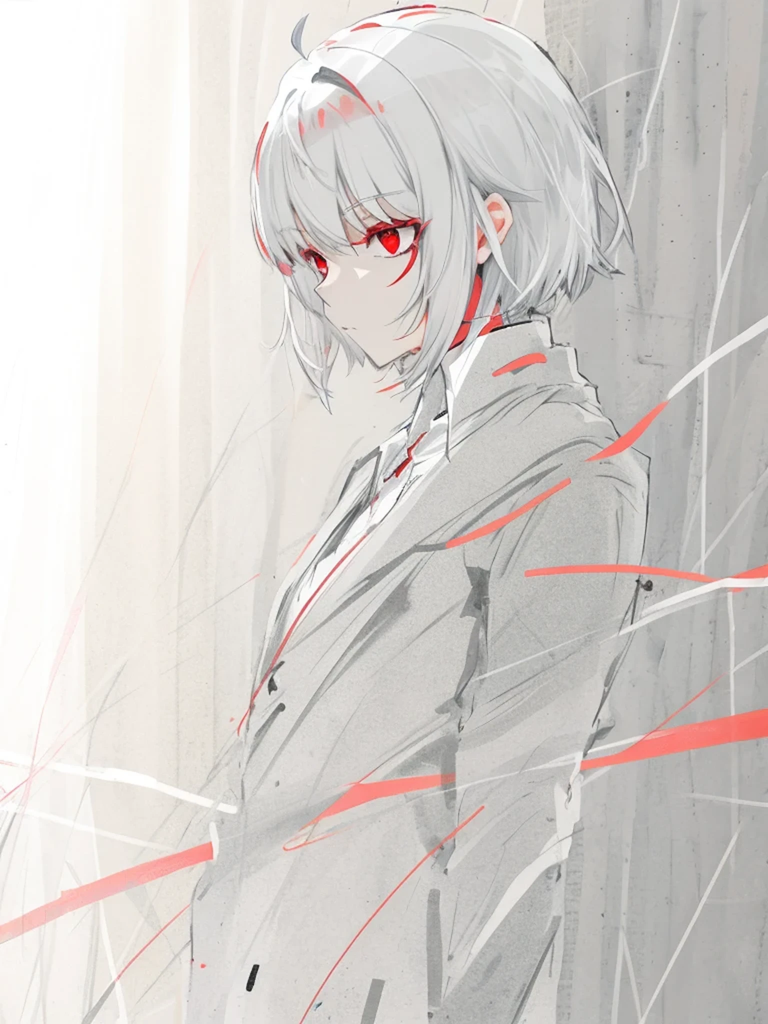 short Silver hair and red eyes,Line drawings are colored out