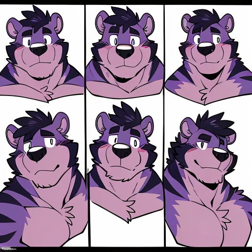 by takemoto arashi, (character expressions sheet, character busts, front view, side view, rear view), (1boy), solo, male anthro, kemono, (lavender bear), short purple Mohawk, white bangs,  dark stripes around chest, one dark purple stripe on back, ((brown torso)), (((fat face, bigger head, short ears))), stocky, short stature, chubby, muscle, hunk, sexy, bara, handsome boy, ((big eyes, expressive eyes, simple eyes)), (masterpiece, high res, best quality), 4k, soft skin, warm color