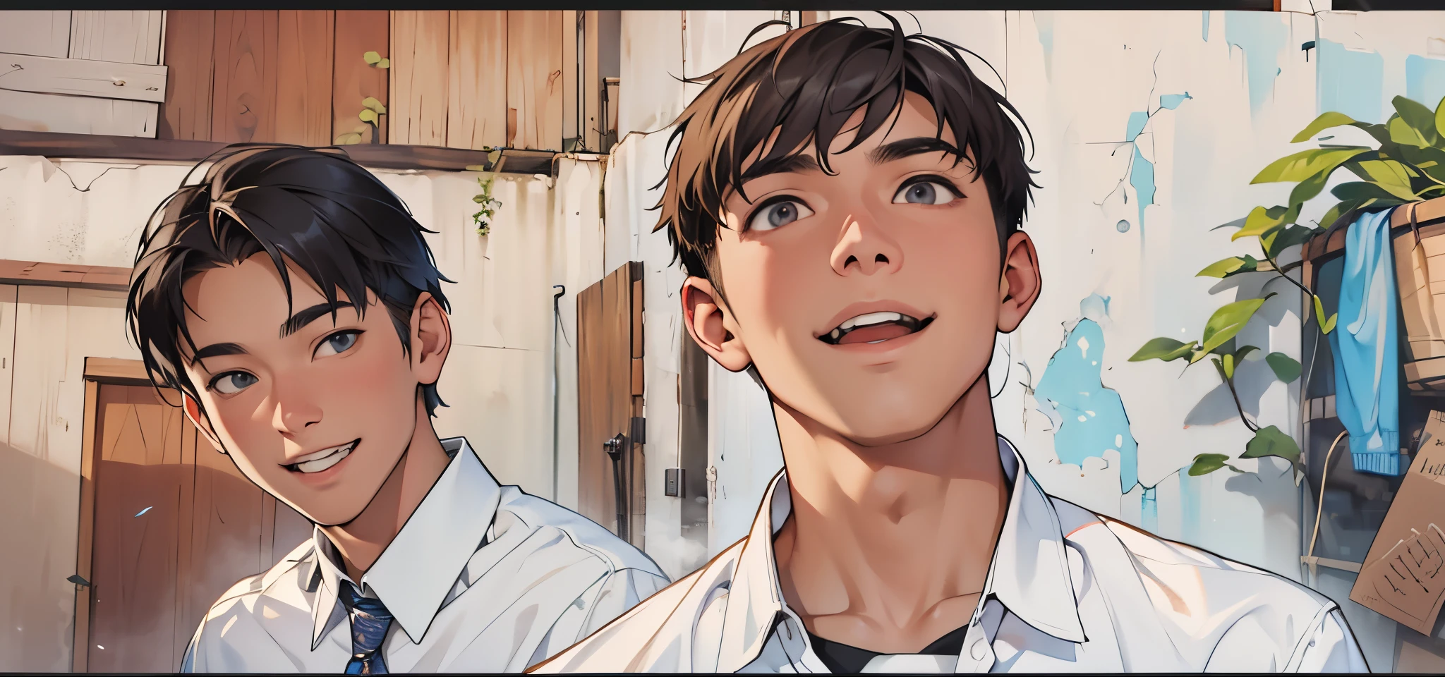 handsome 16 year old young man is smiling he is happy talking to the boy in front he asks him to tell him everything
