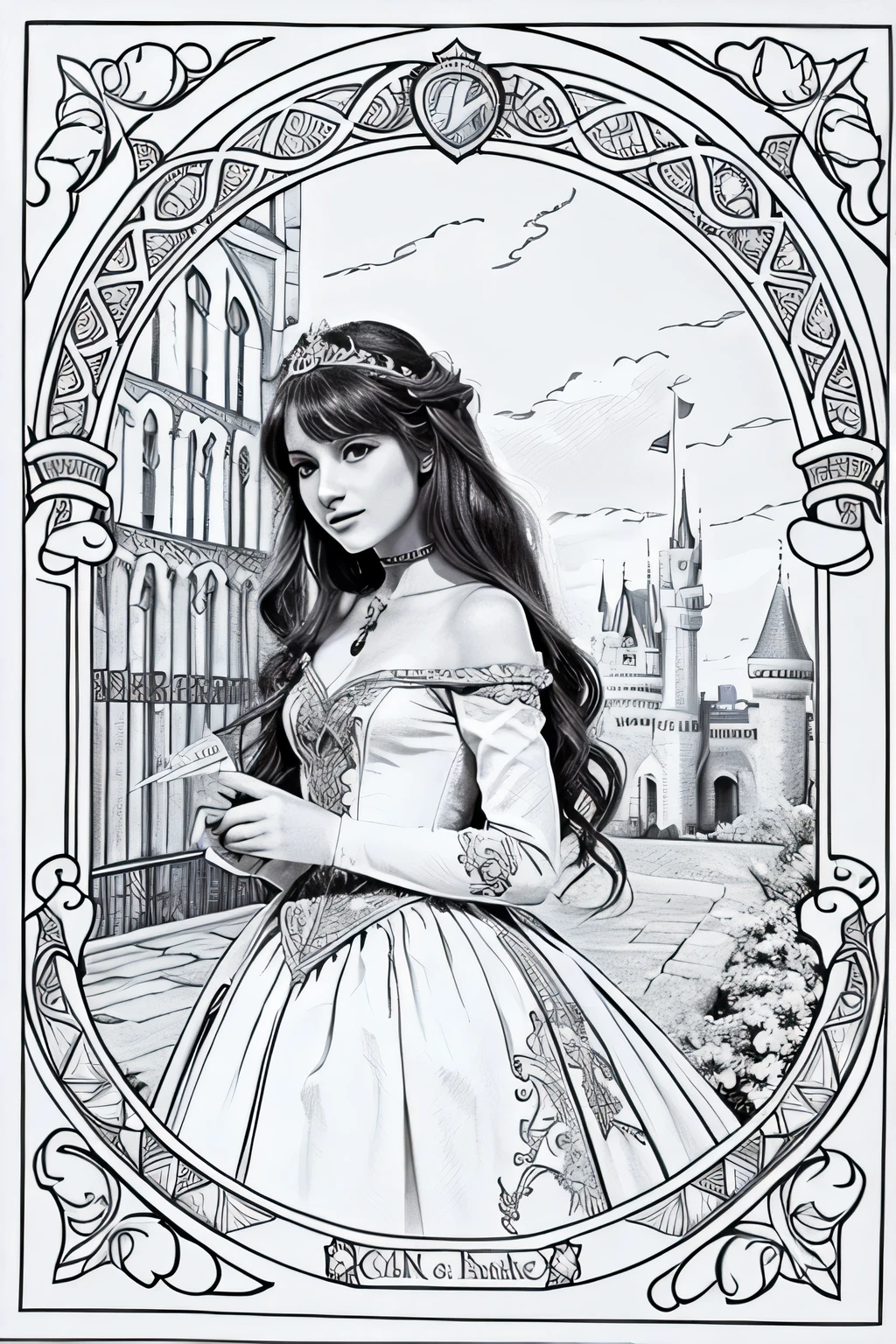 fairy tale princess, castle, line art, coloring page